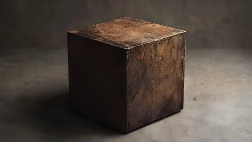 Weathered wooden cube brooding in soft studio twilight.