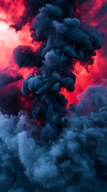 Dense blue ink plumes rise through backlit red fluid volume
