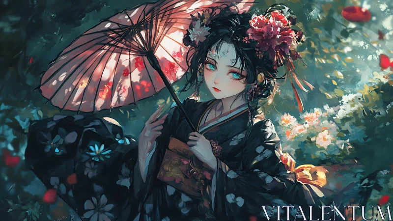 Elegant kimono maiden beneath a glowing paper parasol.