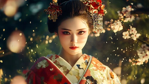 Soft spring light falls on a poised woman in floral kimono