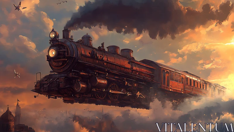Cinematic digital painting of a flying steam train at sunset.