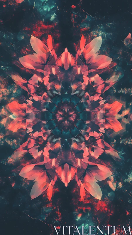 Digital painting mandala of luminous coral petals on void ground.