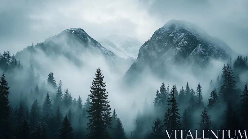 Snow-dusted mountain peaks rise behind dense foggy forest