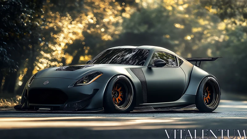 Widebody track-spec coupe in matte graphite forest lighting.