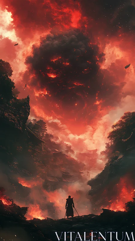 Lone wanderer beneath a roaring, firelit storm sky.