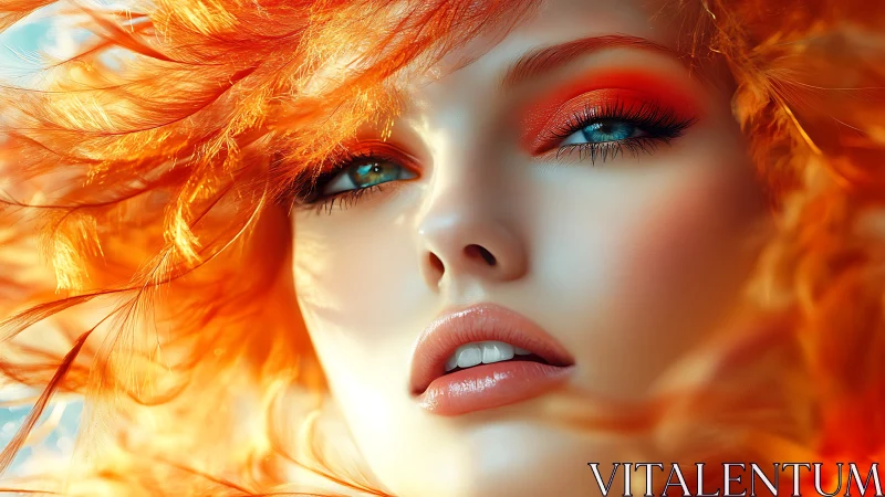 Digital portrait shows close-up face framed by vivid orange hair