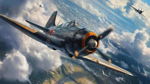 Dramatic warplane dive through luminous broken clouds.