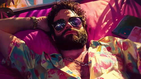 Bearded man in reflective sunglasses reclines under saturated tropical light