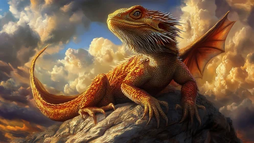 Radiant winged dragon lizard on sunlit rocky summit.
