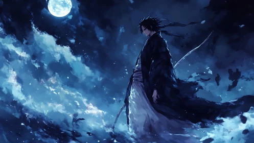 Lone samurai strides beneath a luminous stormy moonlit sky.