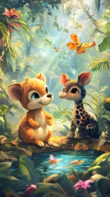 Cute forest animals share tranquil pond in soft light.