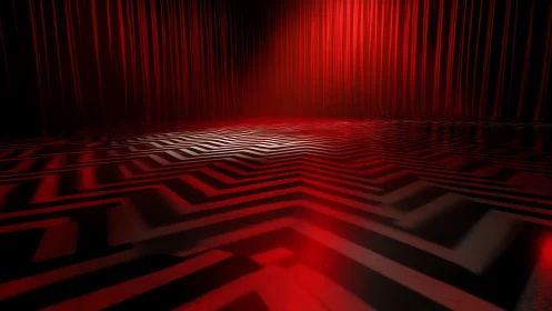 Red-lit zigzag stage floor deepens a moody theatrical space