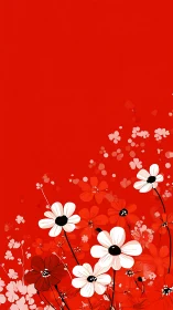 Vibrant Red Garden: White Daisies Blooming Against Crimson Backdrop