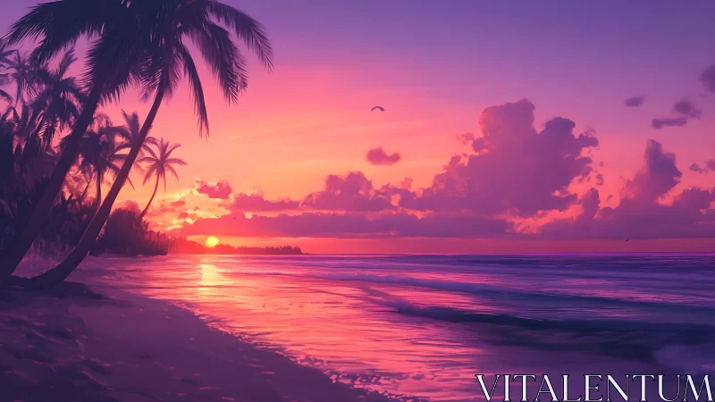 Radiant tropical sunset bathes palm-lined shore in vivid color.