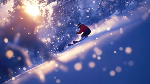 Skier descending snowy slope in warm sunset light.