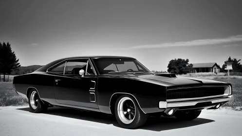 Classic black muscle car in high-contrast roadside portrait.