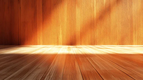 Sunlit wooden interior with warm plank textures and depth.