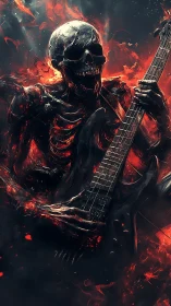 Skeletal guitarist figure rendered in molten fire tones.