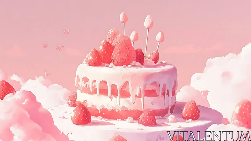 Cloud-Suspended Strawberry Cake Dreams in Bubblegum Pink