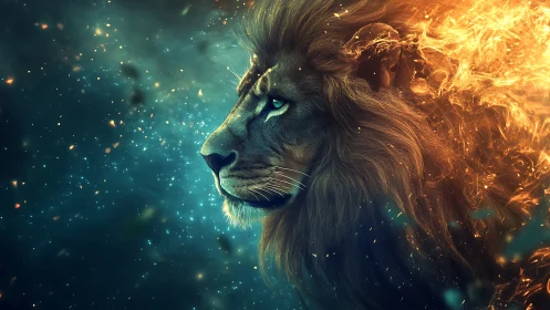 Cosmic lion between starlit calm and blazing firestorm.