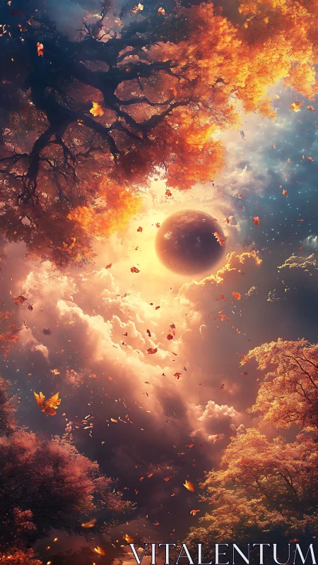 Celestial eclipse above fiery autumn forest sky portal.