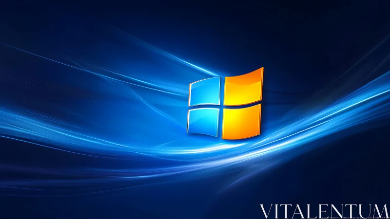 Windows logo glows over abstract blue light waves wallpaper.