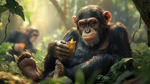 Jungle philosopher sips sunlight from a glowing tin mug