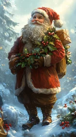 Santa figure stands in snowy forest path holding holly wreath