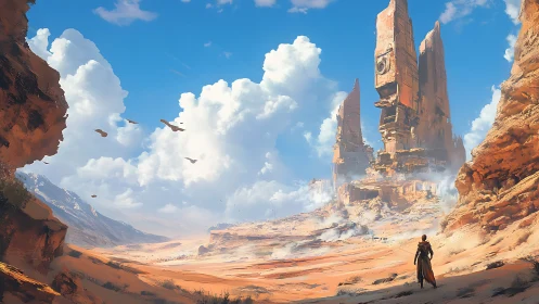 Desert wanderer nears colossal sci fi sandstone towers.