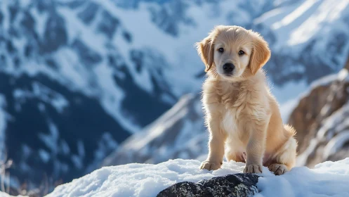 Gentle golden puppy pauses on a bright snowy mountain ledge