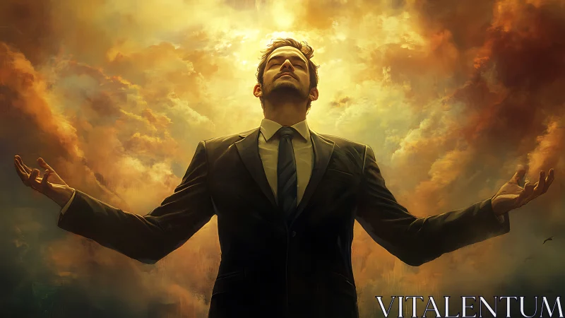 Sunlit businessman ascends within a storm of golden clouds.