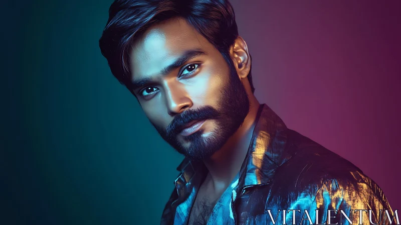 Bearded man portrait under teal and magenta studio lighting.