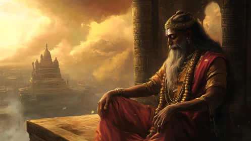 Seated elder overlooks distant temple under diffuse golden light