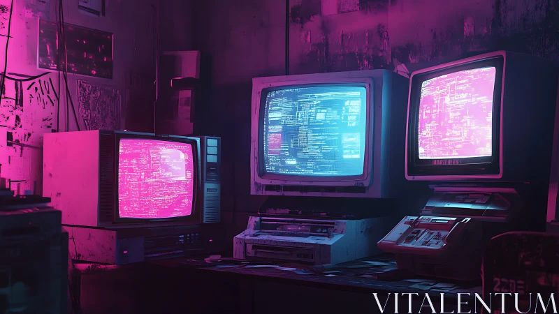 Retro CRT terminals glow in neon-lit cyberpunk hacker den