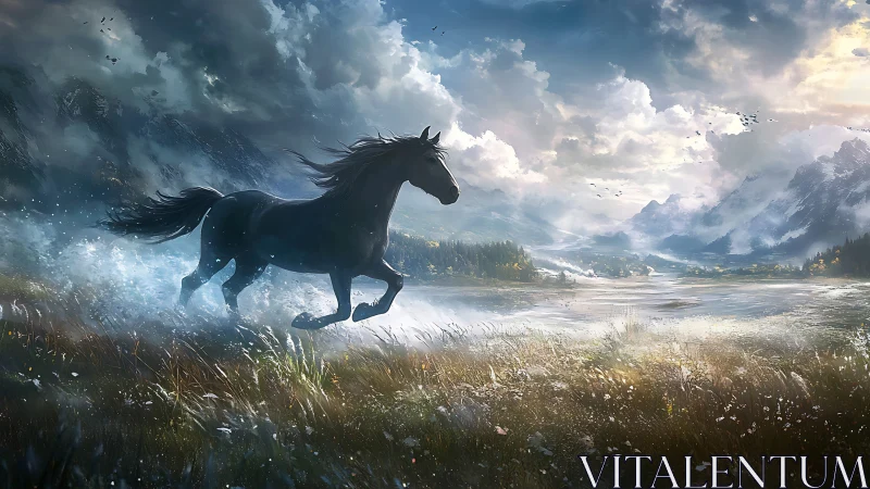 Wild black horse racing across a misty mountain valley.