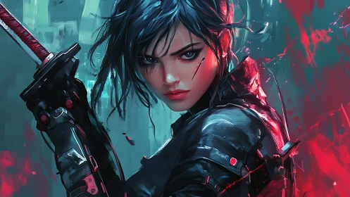 Cyberpunk warrior woman with katana in neon colors.