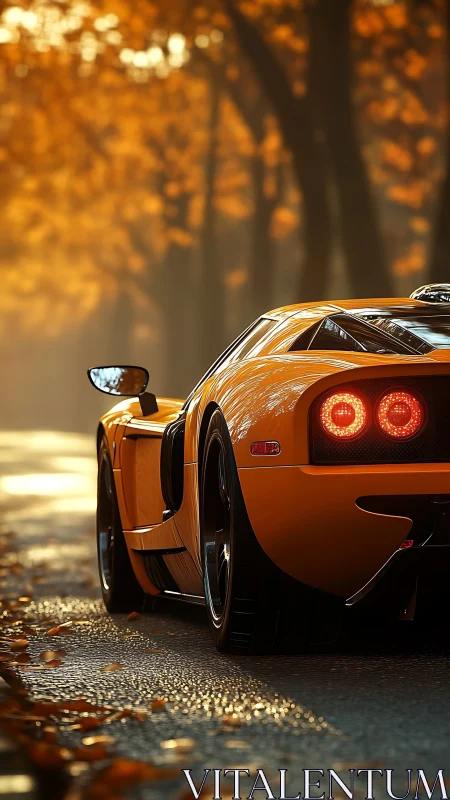 Orange supercar glows along misty autumn forest road.