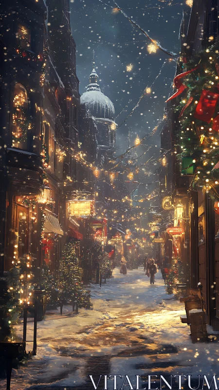 Atmospheric digital painting of a snowlit festive city street.