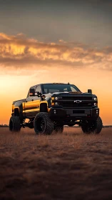 Lifted black Chevy truck dominates sunset prairie horizon