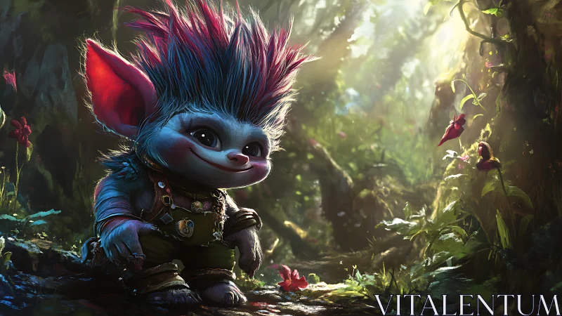 Small forest creature stands on mossy ground in sunlight