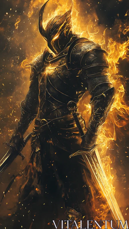 Armored fire warrior with twin swords in molten flames.