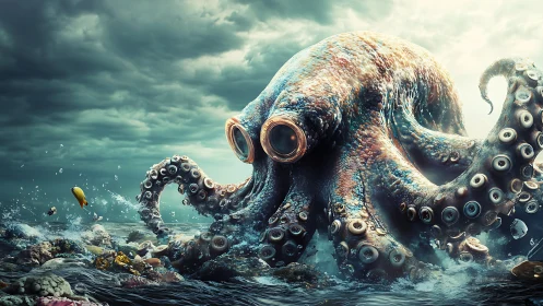 Gentle sea giant with curious eyes roams a stormy shore.