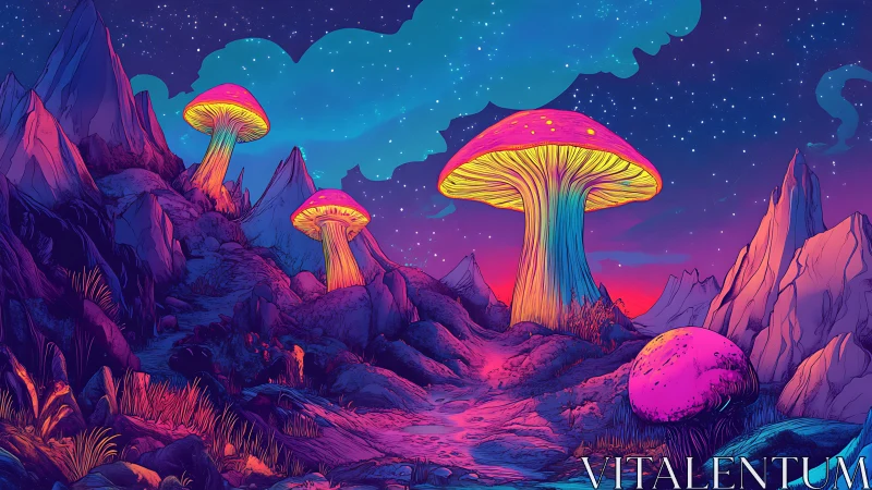 Glowing cosmic mushrooms brightening a dreamy night path.