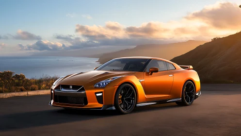 Orange sports coupe parked on coastal road at sunset.