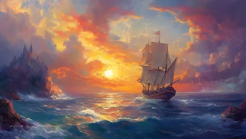 Sunlit galleon navigates turbulent seas near cliffside citadel
