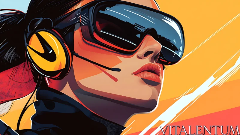 Bold cyber headset portrait with reflective visor and neon palette.