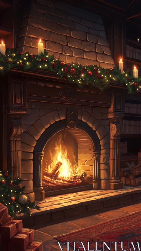 Festive stone hearth glows with warm candlelit digital rendering
