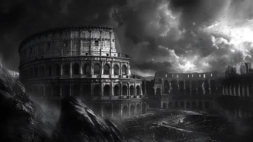 Ruined neo-classical colosseum under storm-laden monochrome sky.