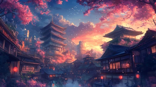 Sunset-lit neo-traditional pagoda city under cherry blossoms