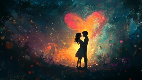 Silhouetted Couple Embraced by Luminous Heart.